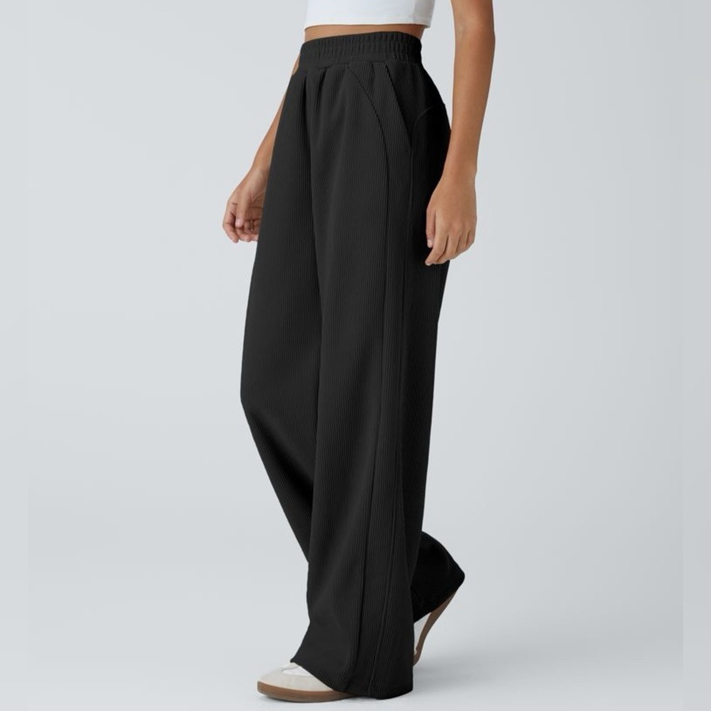 Halara High Waist Wide Straight Leg Mop Corduroy Like Casual Pants Black Small